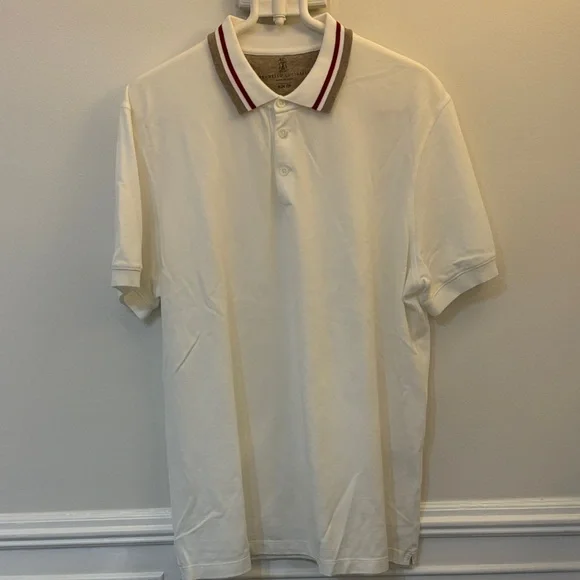 Brunello Cucinelli Cream Polo with Red and Gray Striped Collar XL - Picture 4 of 5